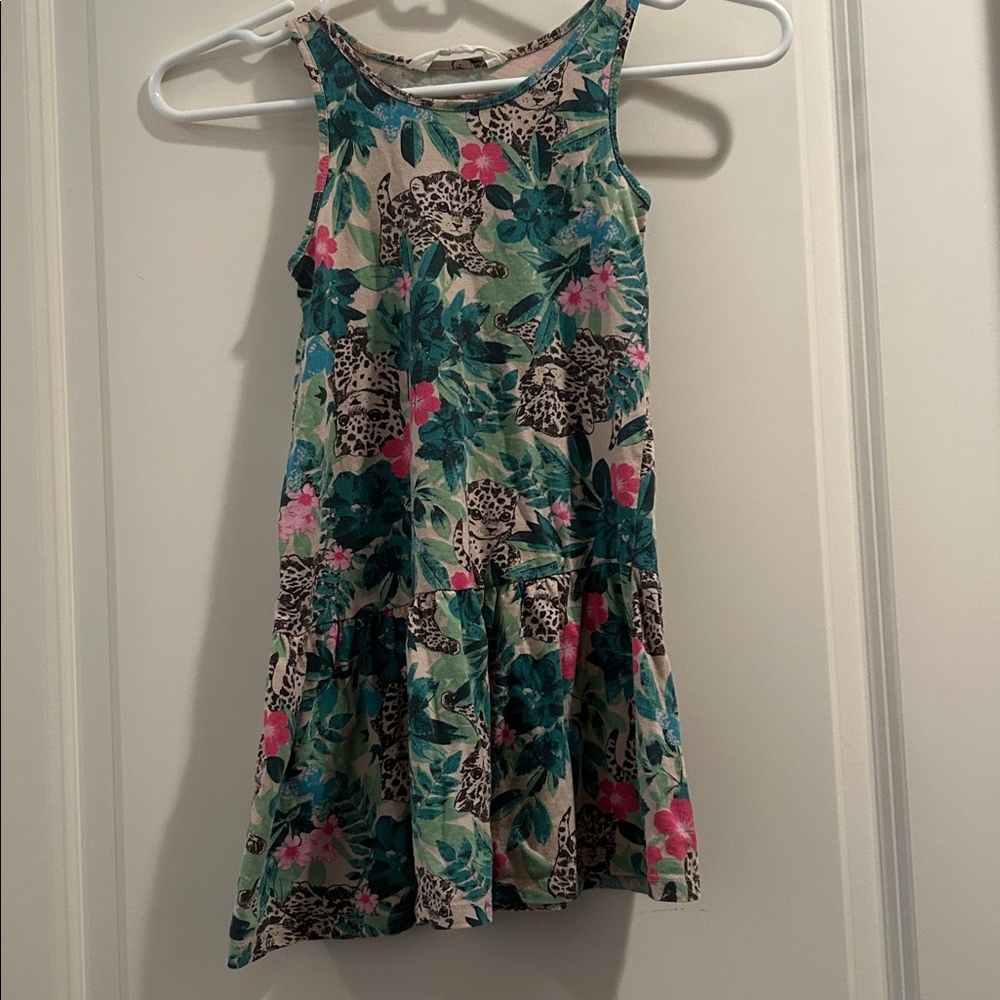 H&M Leopard Cat Jungle tropical Print Sleeveless Ruffle Cotton Dress Size 4-6Y